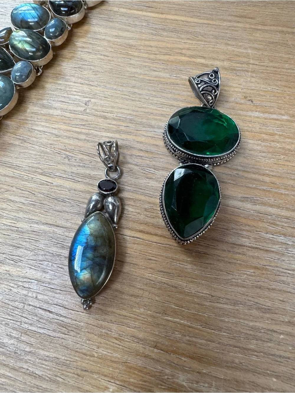 Sterling Silver Labradorite Bracelet & pendant w garnet & green diopside pendant - Picture 2 of 15
